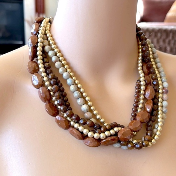 Multi-Strand Beaded Brown & Gold Tone Beaded Statement Necklace Adjustable - Picture 12 of 15